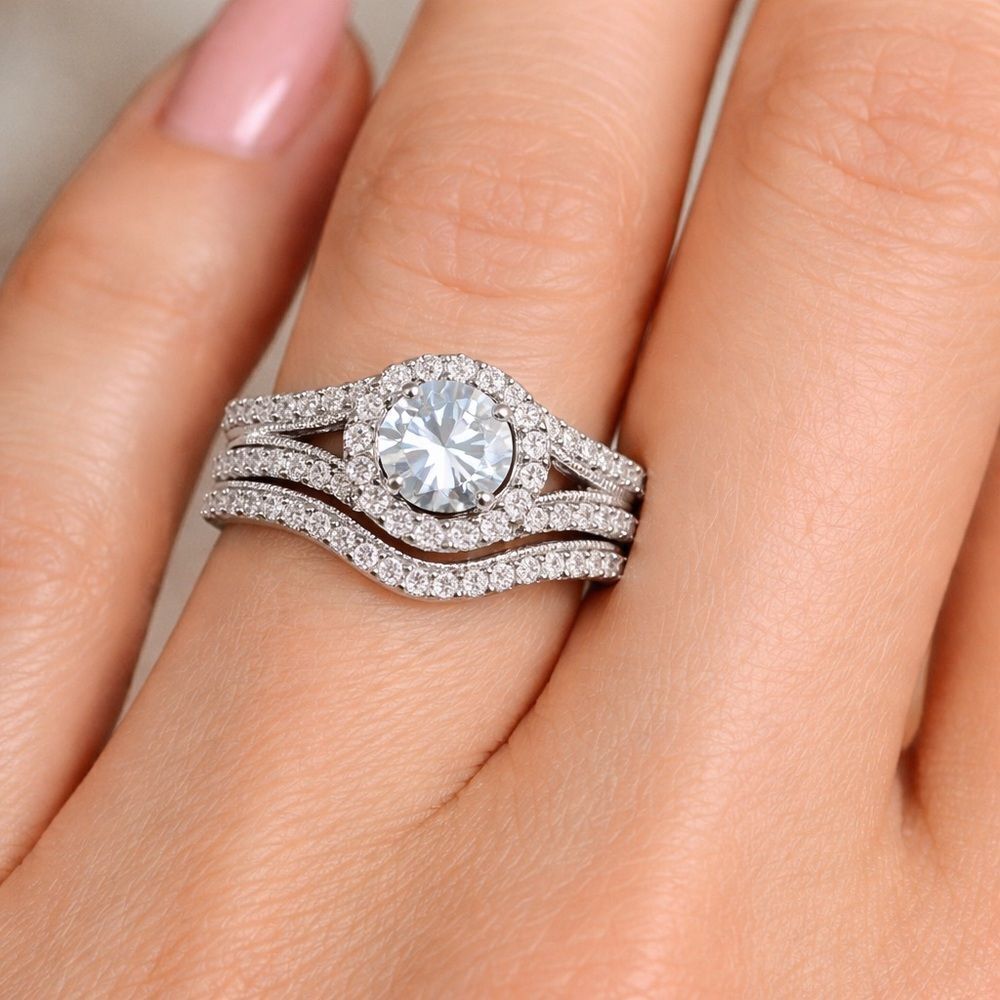 14K White Gold Diamond Bridal Engagement Ring & Wedding Band Set